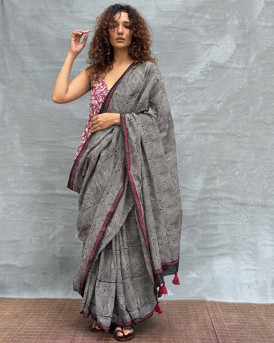 Blush of Dusk Black Block printed Cotton Saree