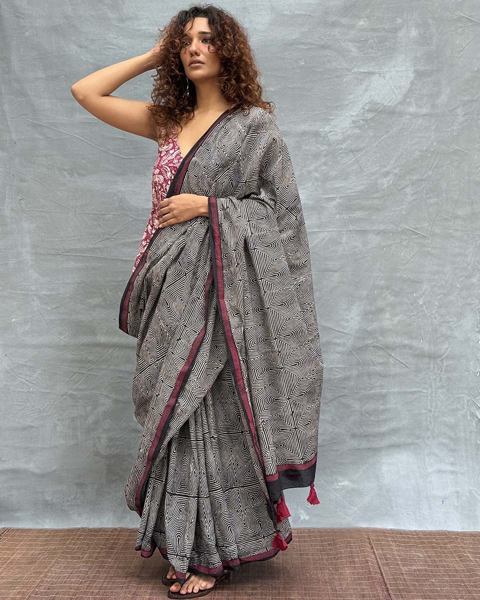 Blush of Dusk Black Block printed Cotton Saree