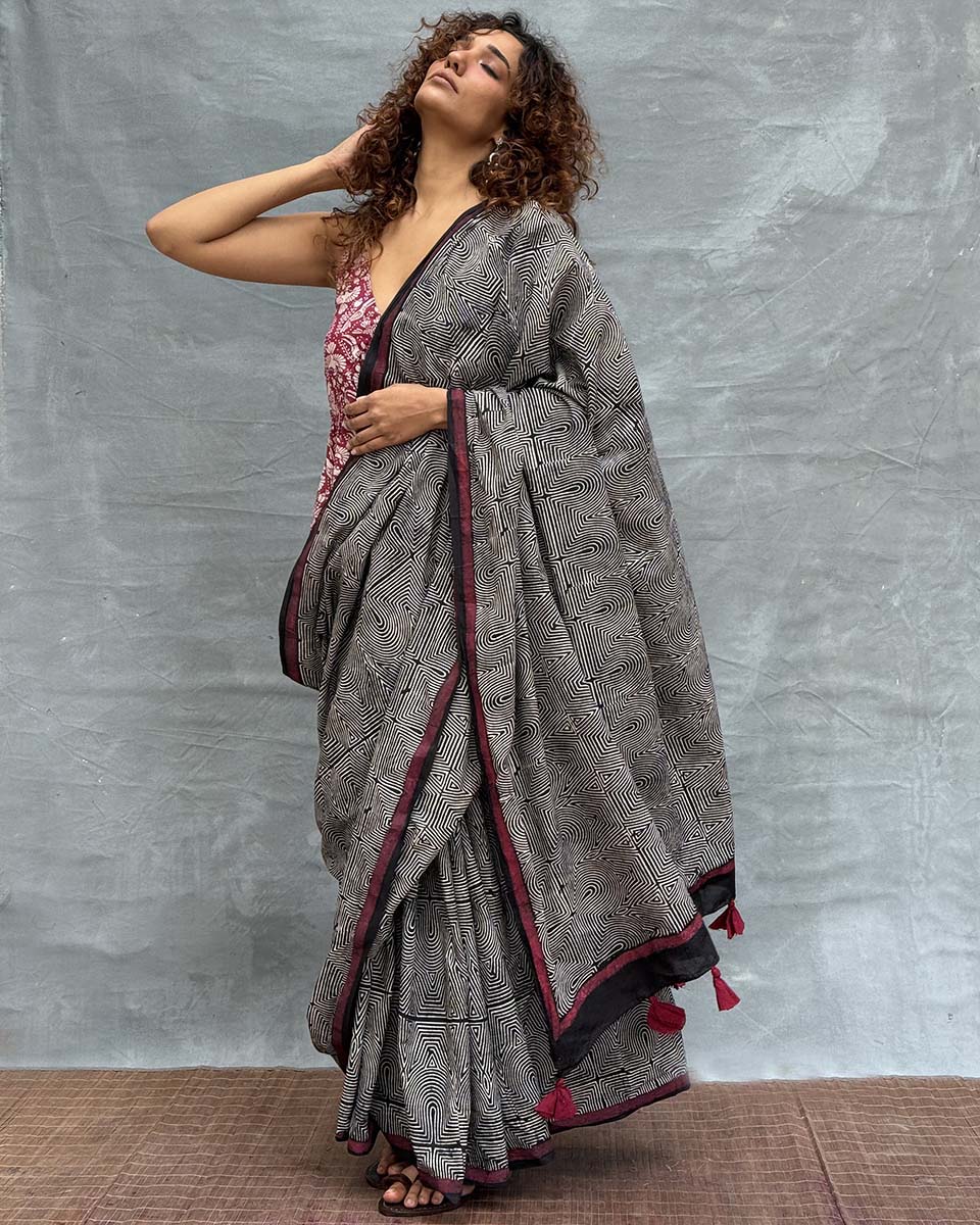 Blush of Dusk Black Block printed Cotton Saree