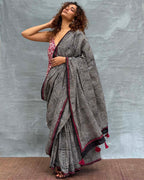 Blush of Dusk Black Block printed Cotton Saree