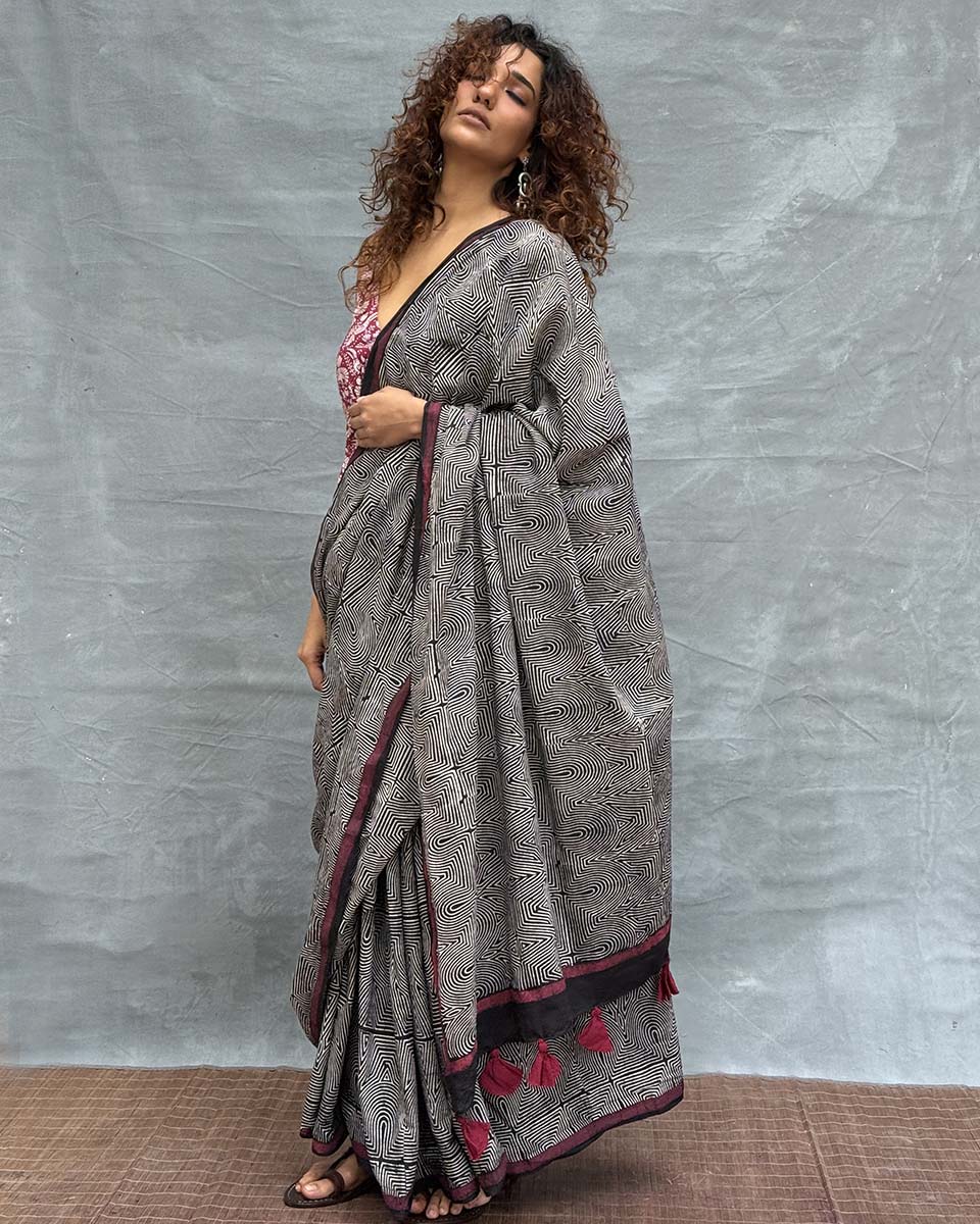 Blush of Dusk Black Block printed Cotton Saree
