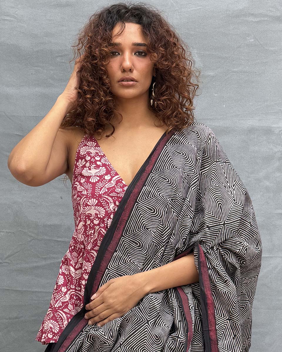 Blush of Dusk Black Block printed Cotton Saree