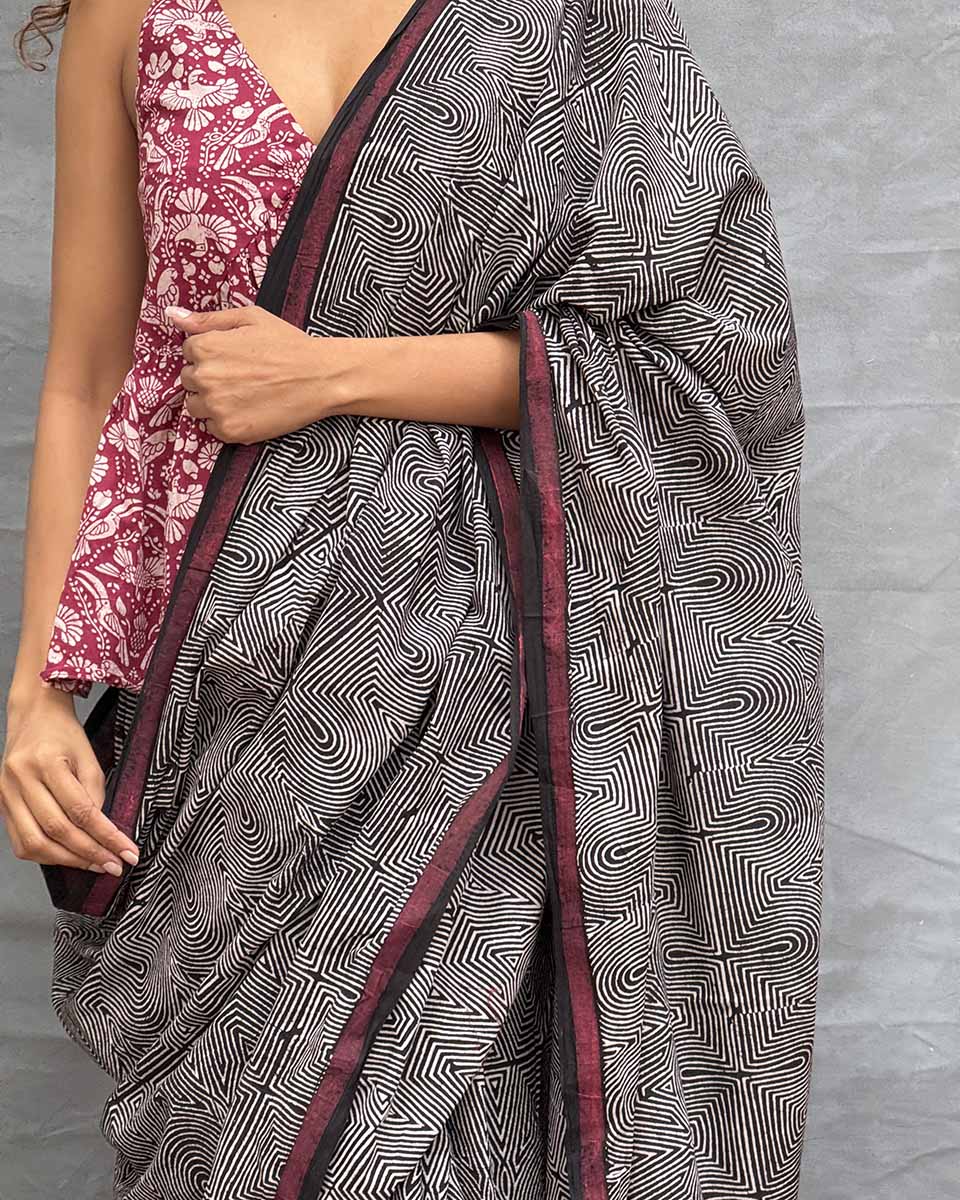 Blush of Dusk Black Block printed Cotton Saree