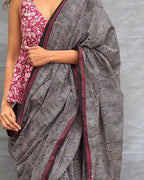 Blush of Dusk Black Block printed Cotton Saree