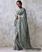 Stone Grey Blockprinted Handwoven Linen Zari Saree - Anant