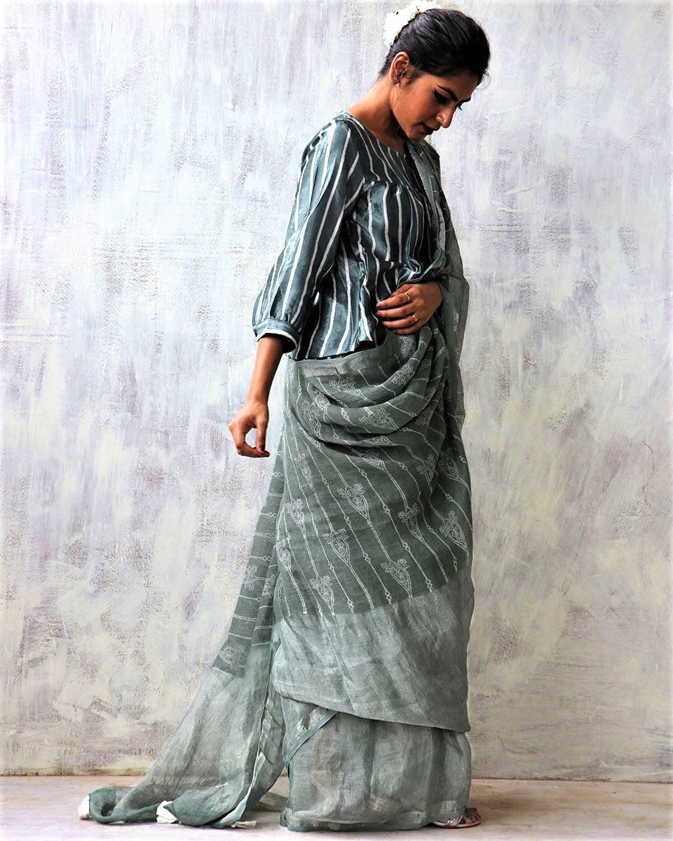 Stone Grey Blockprinted Handwoven Linen Zari Saree - Anant