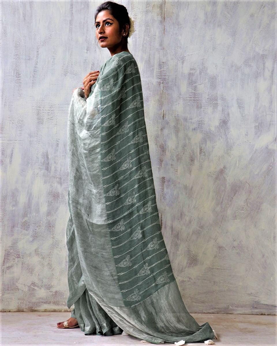 Stone Grey Blockprinted Handwoven Linen Zari Saree - Anant