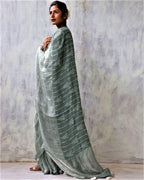 Stone Grey Blockprinted Handwoven Linen Zari Saree - Anant