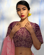 Purple Handprinted Pure Cotton Crop Top Blouse -Skd