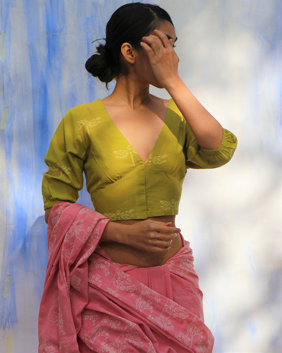 Parrot Green Handprinted Pure Cotton Crop Top Blouse -Skd