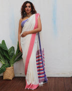 Katyayani Ivory Handwoven Linen Cotton Jamdani Saree - Uma
