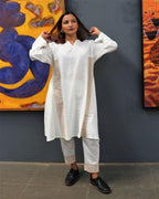 Handwoven Cotton Milk Kurta Set-Mog