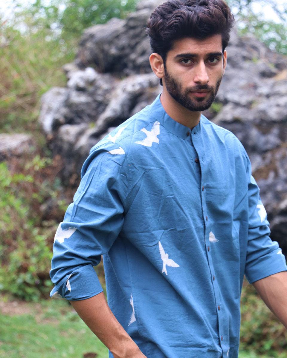 Blue Flyon Block Printed Cotton Shirt