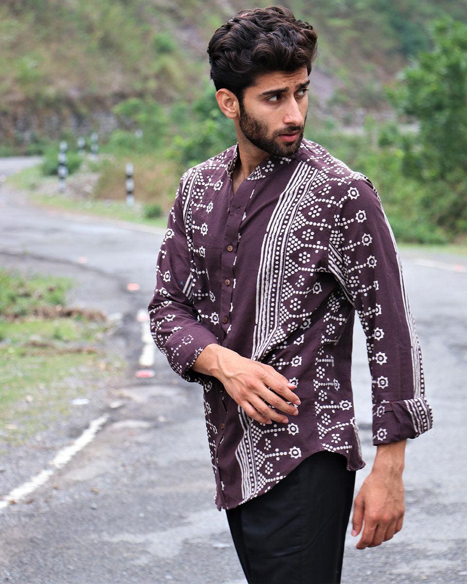 Brown Block Printed Cotton Shirt
