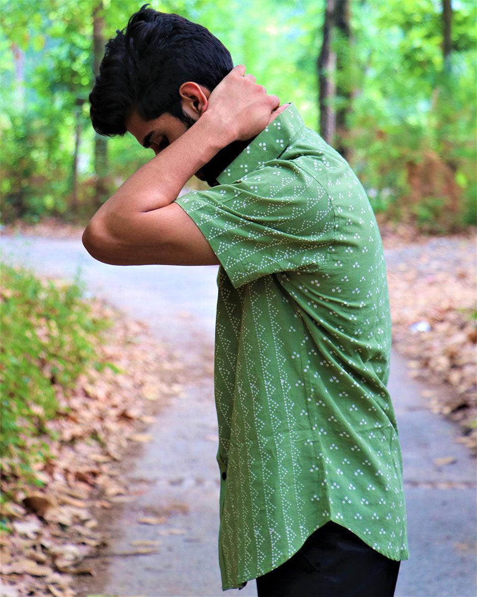 Olive Green Block Printed Cotton Half-Sleeved Shirt