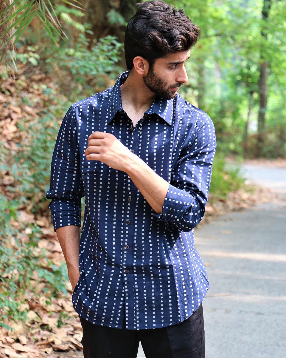Midnight Blue Block Printed Cotton Shirt