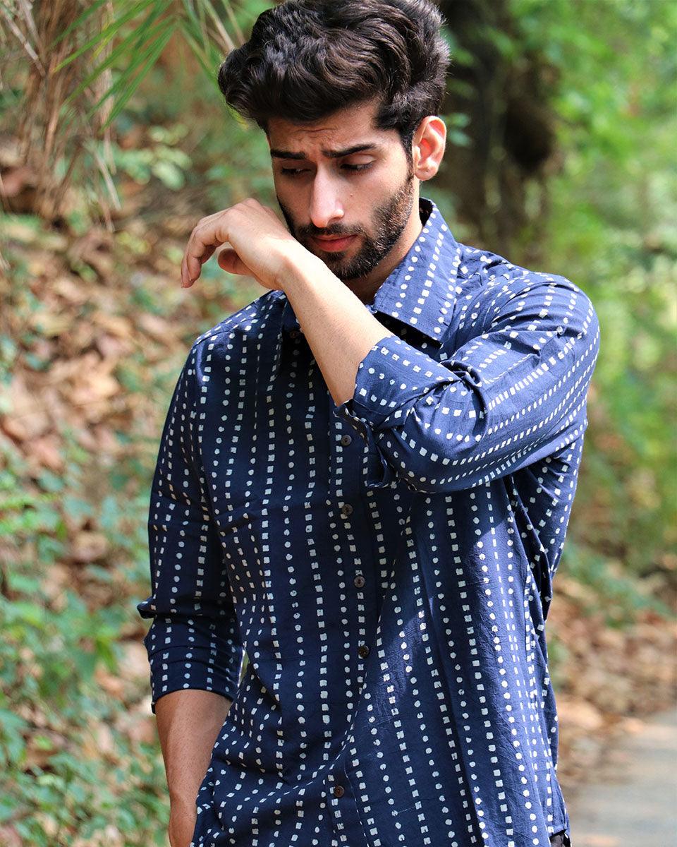 Midnight Blue Block Printed Cotton Shirt