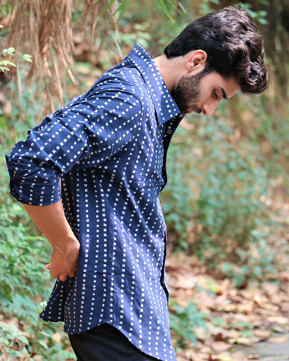 Midnight Blue Block Printed Cotton Shirt