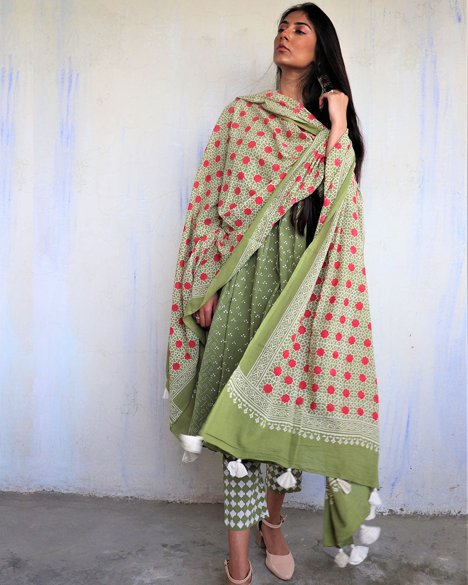 Olive Green Pure Cotton Blockprinted Dupatta-Ajooni