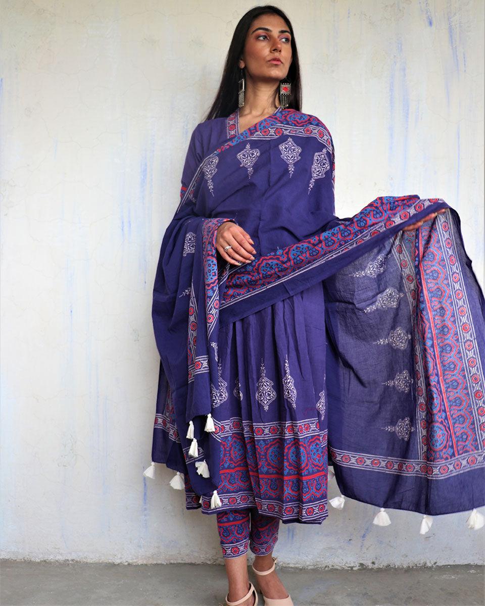 Blue Pure Cotton Block Printed Dupatta-Ajooni