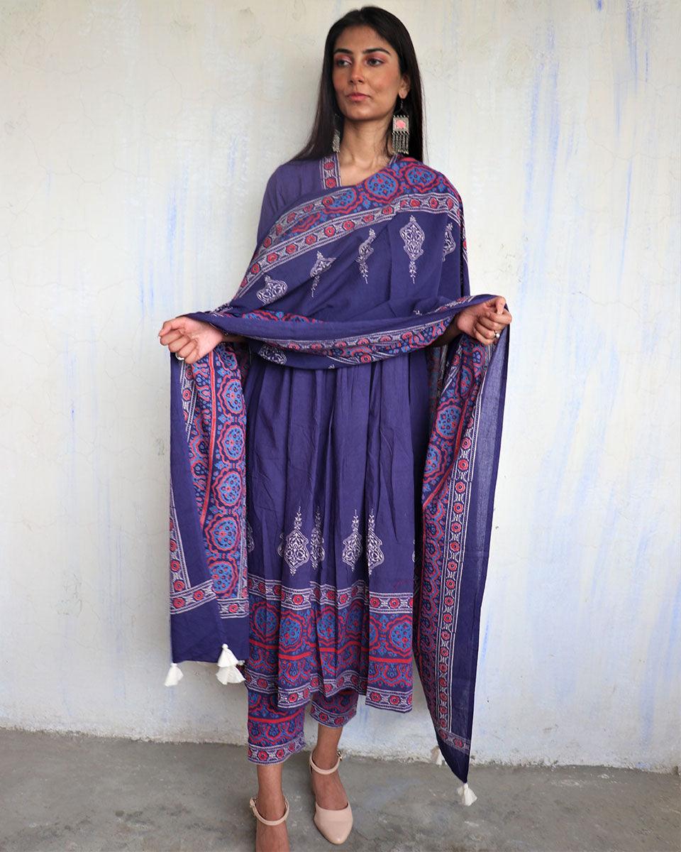 Blue Pure Cotton Block Printed Dupatta-Ajooni