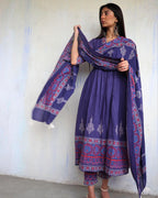 Blue Pure Cotton Block Printed Dupatta-Ajooni