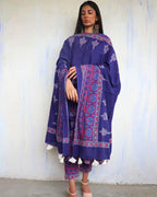Blue Pure Cotton Block Printed Dupatta-Ajooni