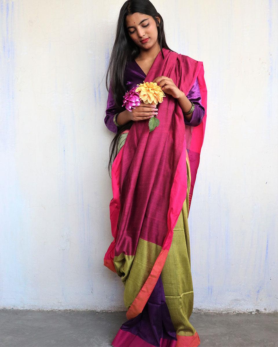 Ahona Handwoven Pure Cotton Viscose Saree - Holi