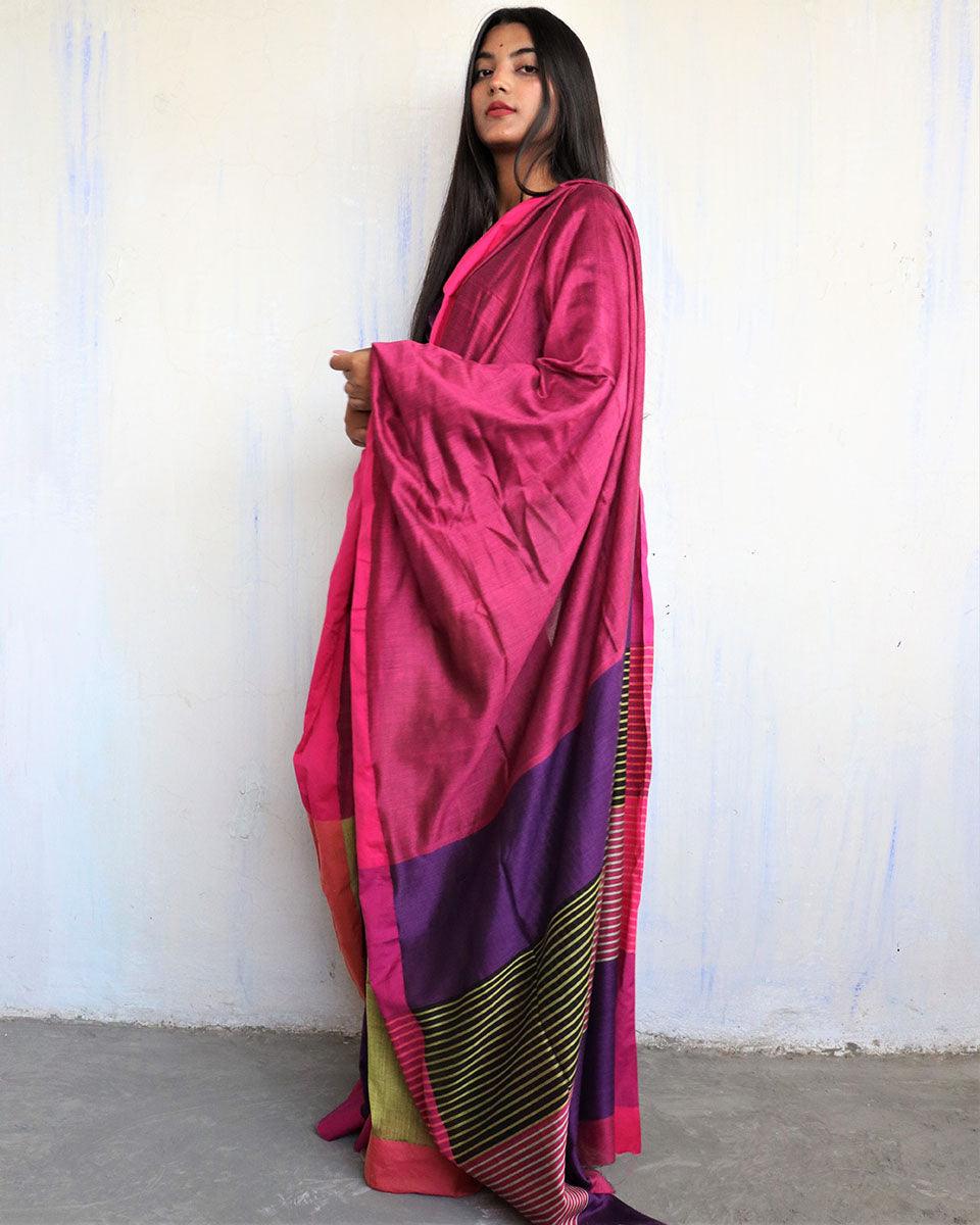 Ahona Handwoven Pure Cotton Viscose Saree - Holi