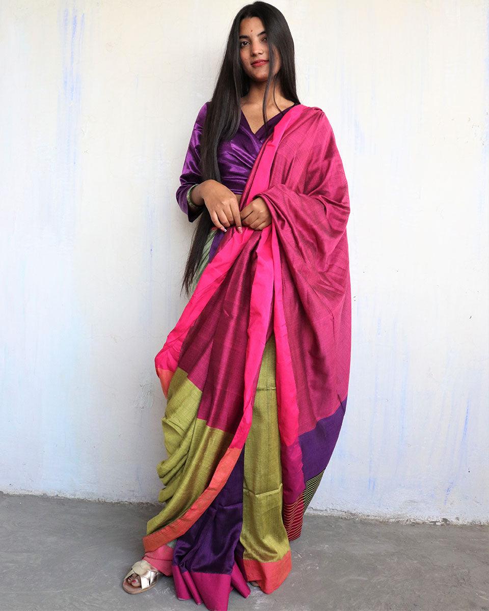 Ahona Handwoven Pure Cotton Viscose Saree - Holi