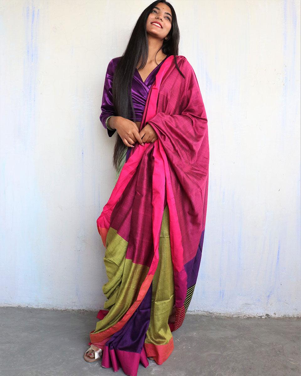 Ahona Handwoven Pure Cotton Viscose Saree - Holi