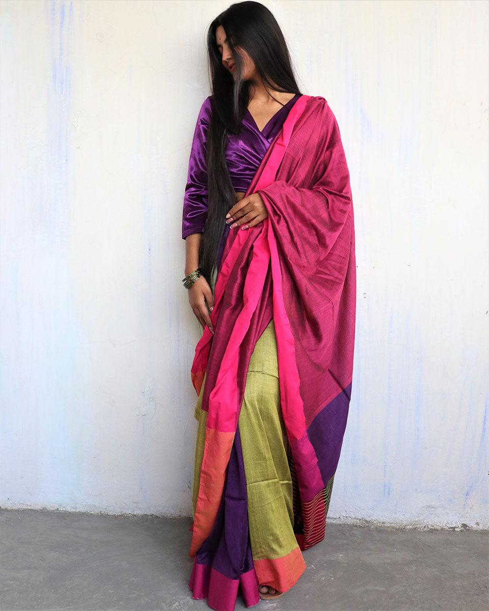 Ahona Handwoven Pure Cotton Viscose Saree - Holi
