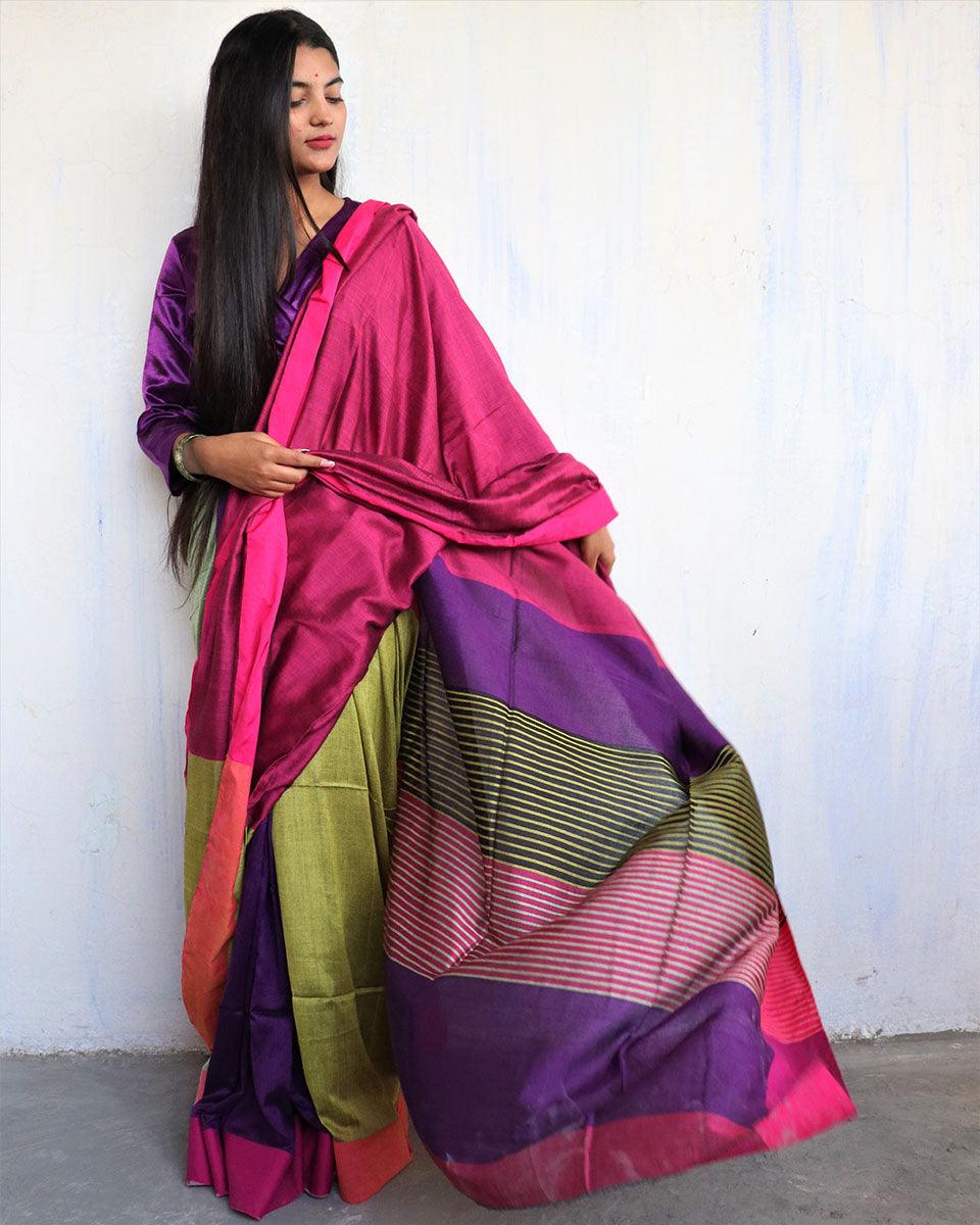 Ahona Handwoven Pure Cotton Viscose Saree - Holi