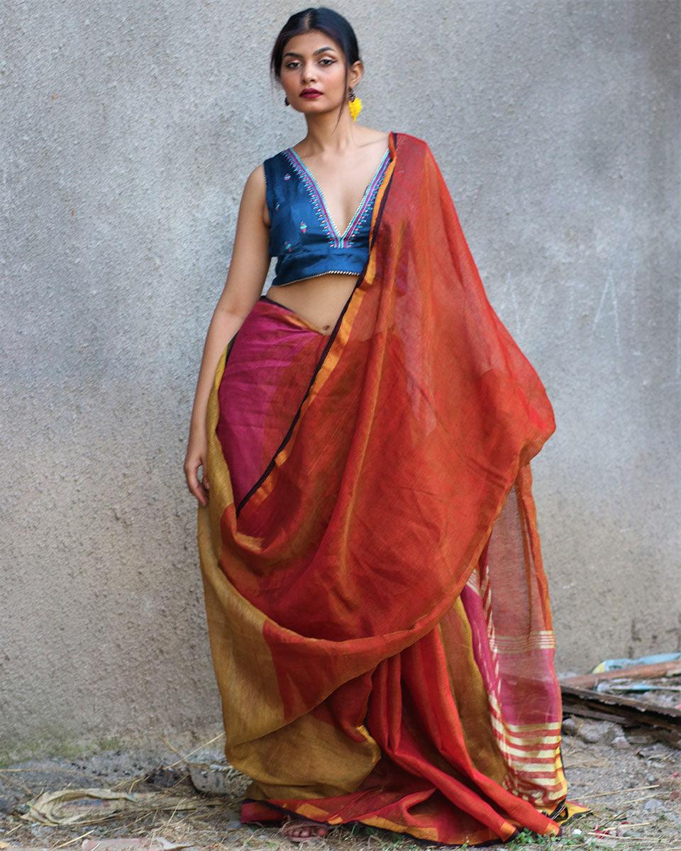 Shabab Handwoven Linen Zari Saree - Gazala