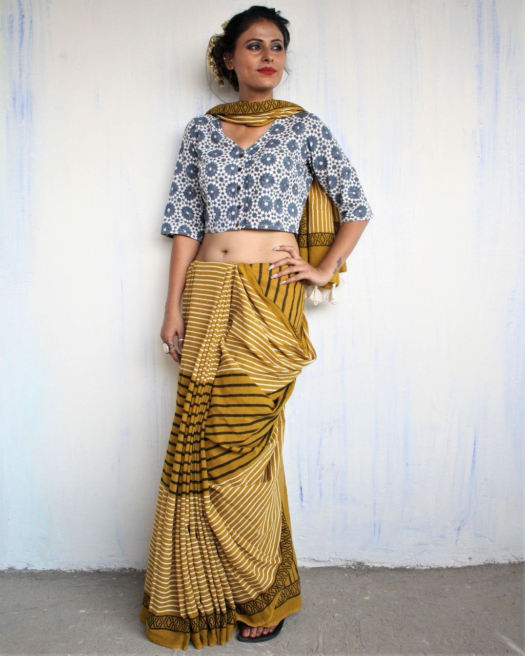 Mustard & White Striped Pure Cotton Block Print Saree