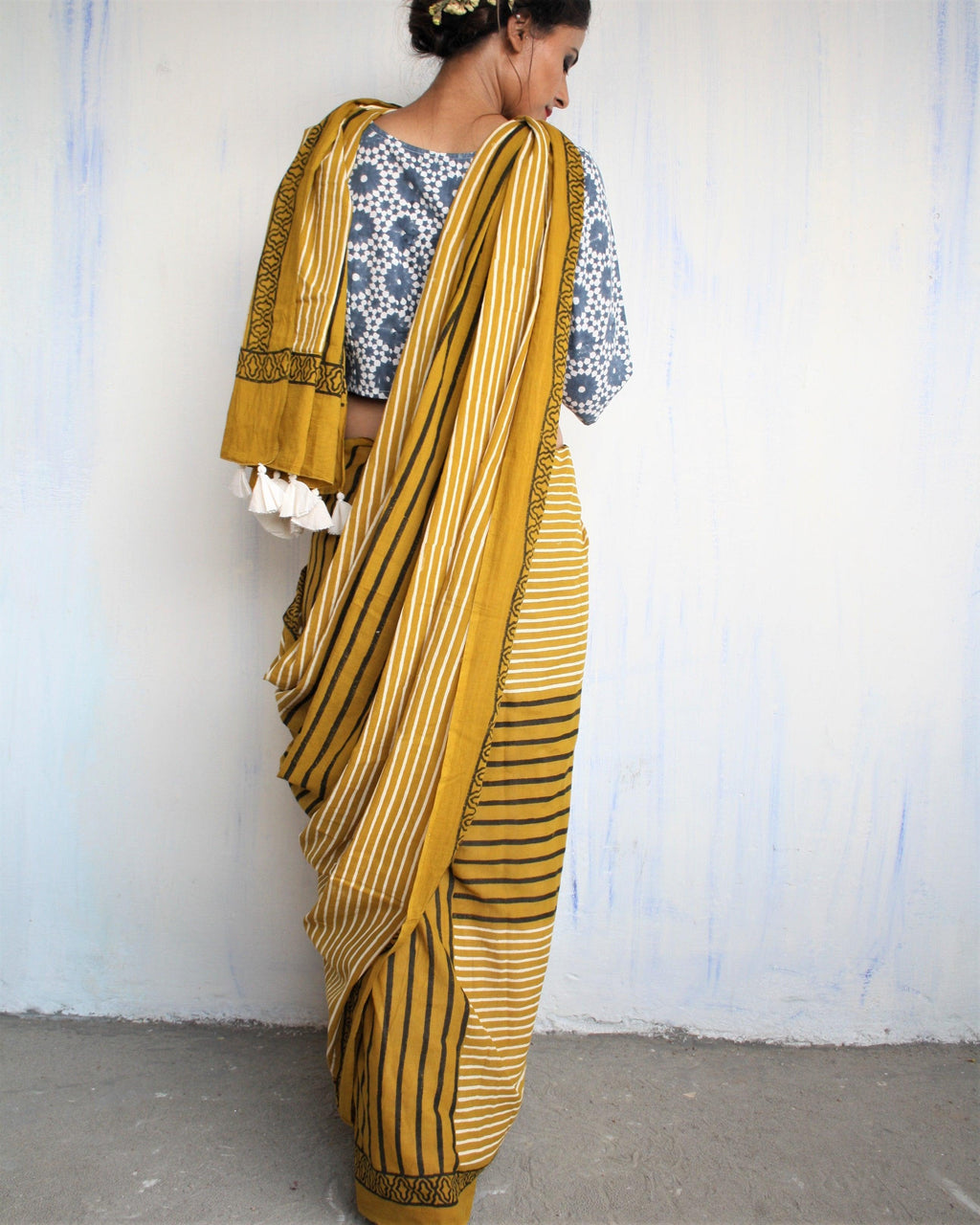 Mustard & White Striped Pure Cotton Block Print Saree