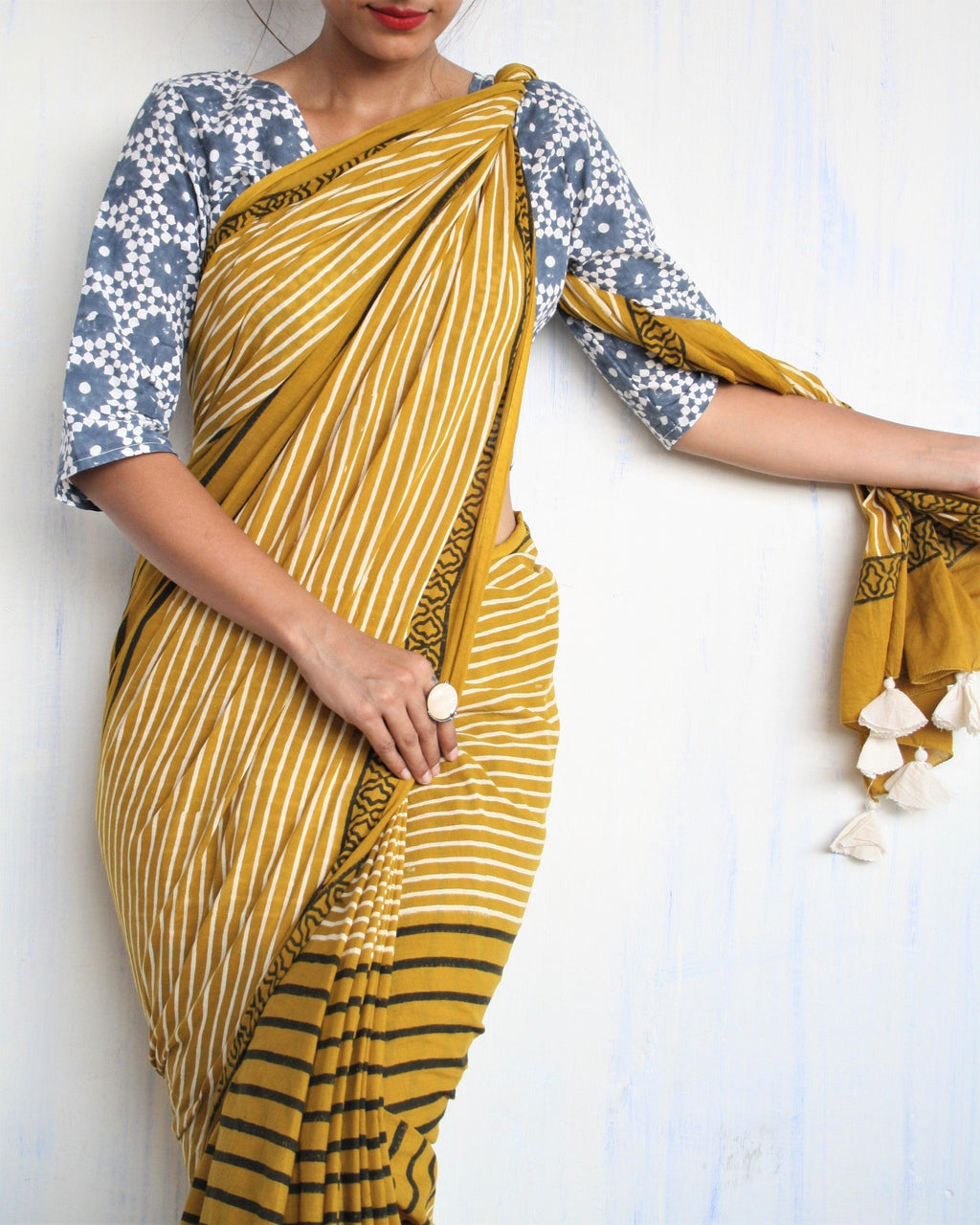 Mustard & White Striped Pure Cotton Block Print Saree