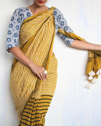 Mustard & White Striped Pure Cotton Block Print Saree