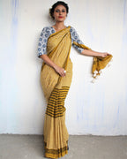 Mustard & White Striped Pure Cotton Block Print Saree