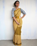 Mustard & White Striped Pure Cotton Block Print Saree