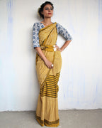 Mustard & White Striped Pure Cotton Block Print Saree