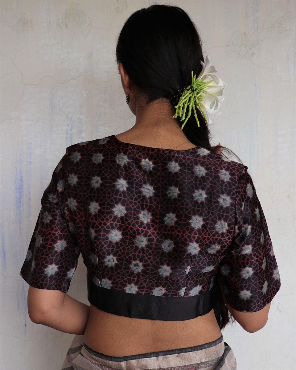 Parveen Black Hand Blockprinted Mashru Silk Blouse-Yesterday