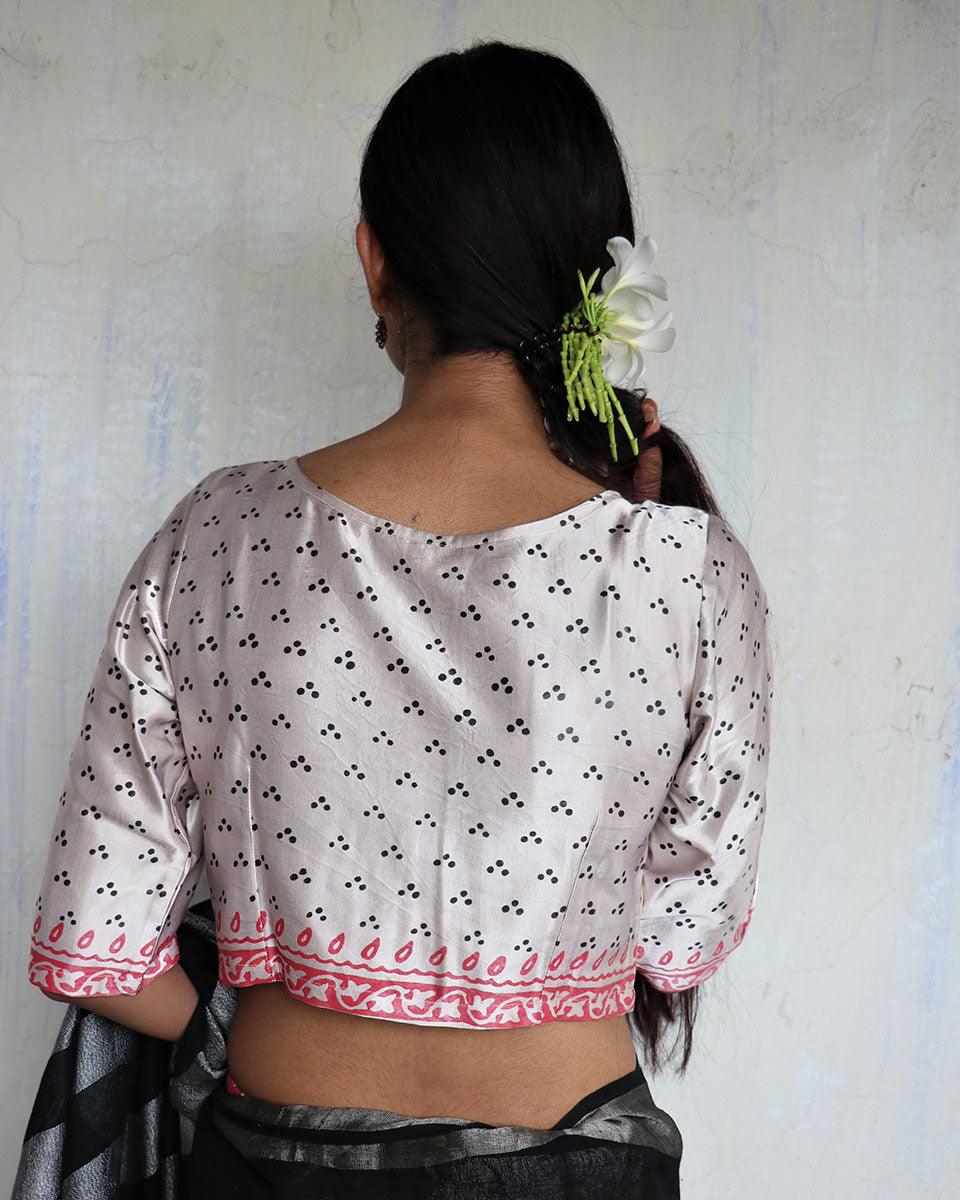 Noor Ivory Hand Blockprinted Mashru Silk Blouse-Yesterday