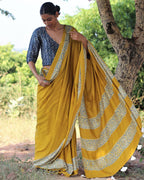 Mustard Blockprinted Modal Silk Saree - Rang