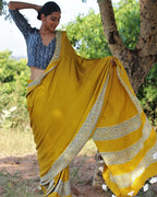 Mustard Blockprinted Modal Silk Saree - Rang