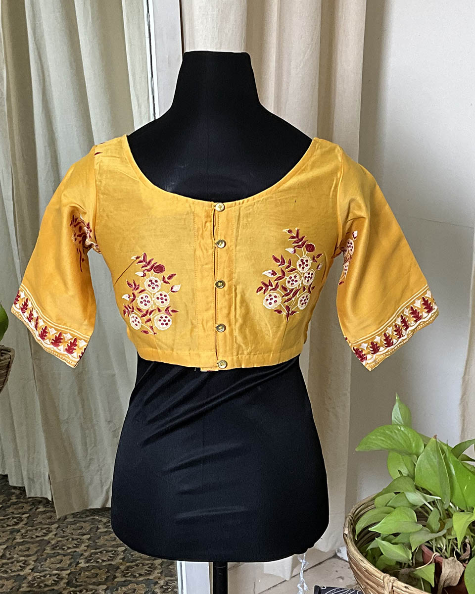 Yellow Handblock Printed Chanderi Silk Blouse - Love Despite