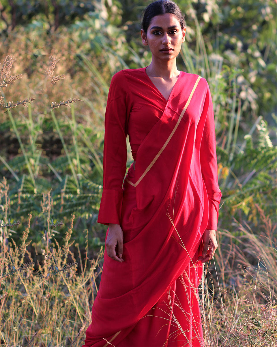 Red Blockprinted Modal Silk Saree - Rang