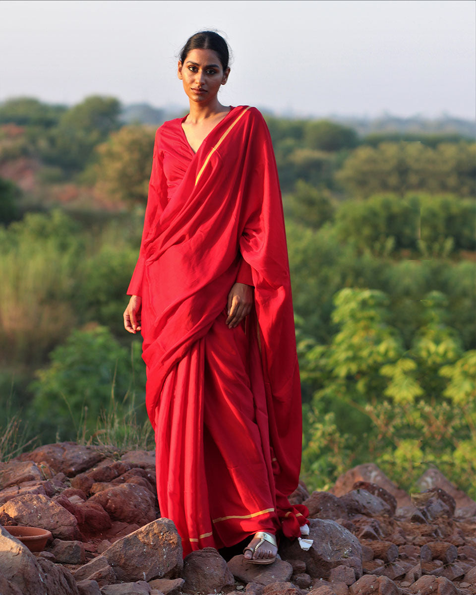 Red Blockprinted Modal Silk Saree - Rang