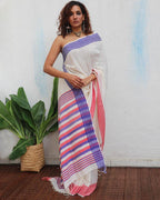 Katyayani Ivory Handwoven Linen Cotton Jamdani Saree - Uma