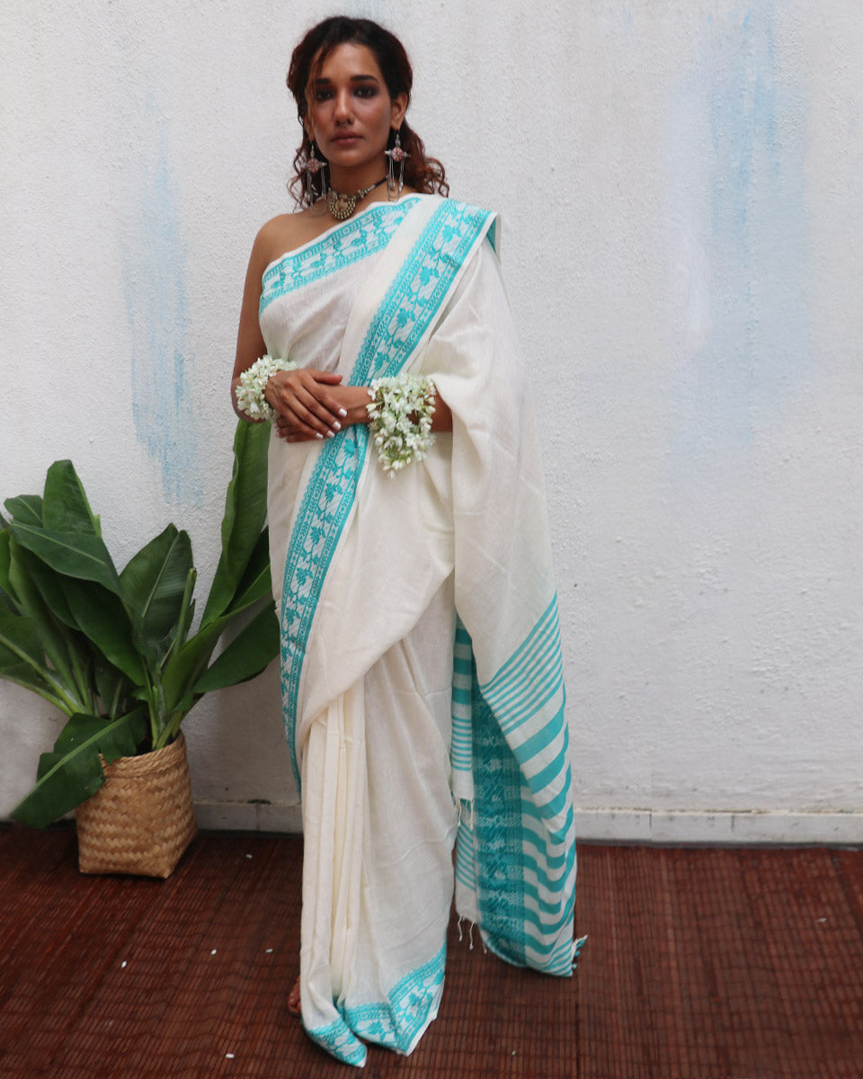 Sadhana Ivory Handwoven Linen Cotton Jamdani Saree - Uma